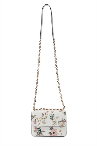 Tuileries printed mini leather shoulder bag with light gold-tone chain strap and three-dimensional laser cut butterflies- front with long chain strap