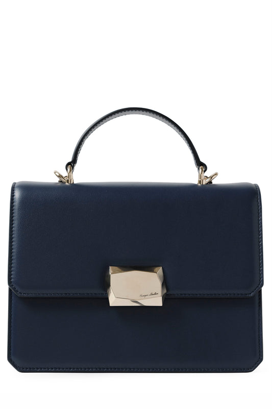 Nappa leather top handle shoulder bag with light gold-tone chain strap in Navy- front