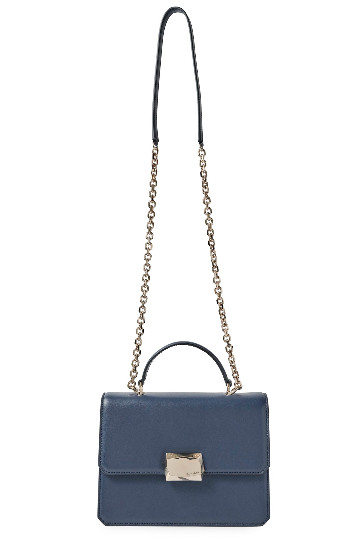 Nappa leather top handle shoulder bag with light gold-tone chain strap in Navy- front with chain strap