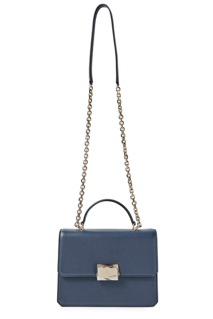 Nappa leather top handle shoulder bag with light gold-tone chain strap in Navy- front with chain strap