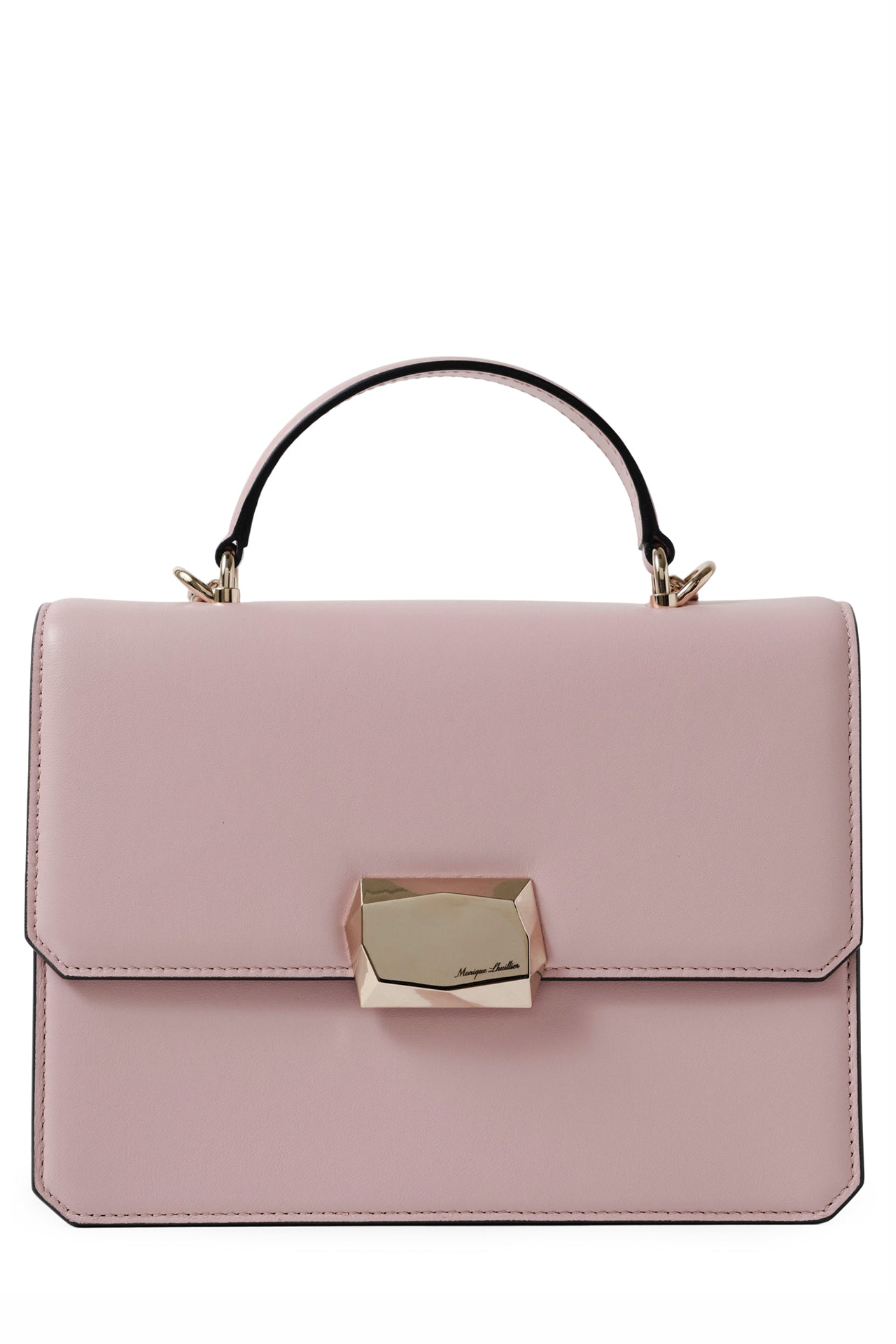 Nappa leather top handle shoulder bag with light gold-tone chain strap in Blush- front