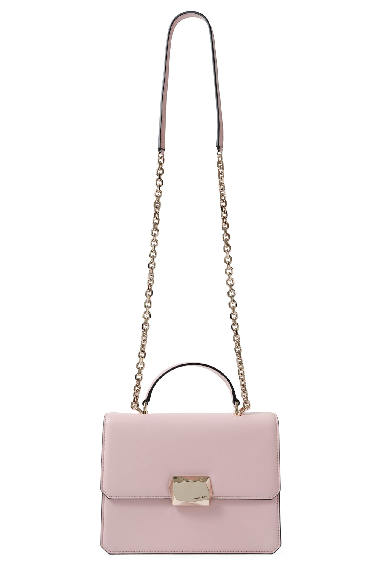 Nappa leather top handle shoulder bag with light gold-tone chain strap in Blush- front with chain strap