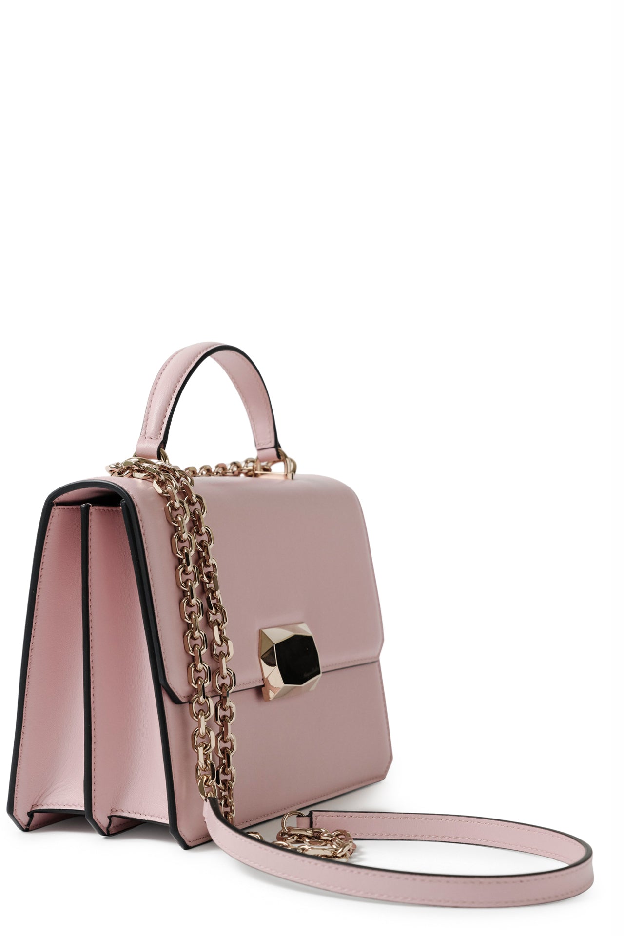 Nappa leather top handle shoulder bag with light gold-tone chain strap in Blush- side