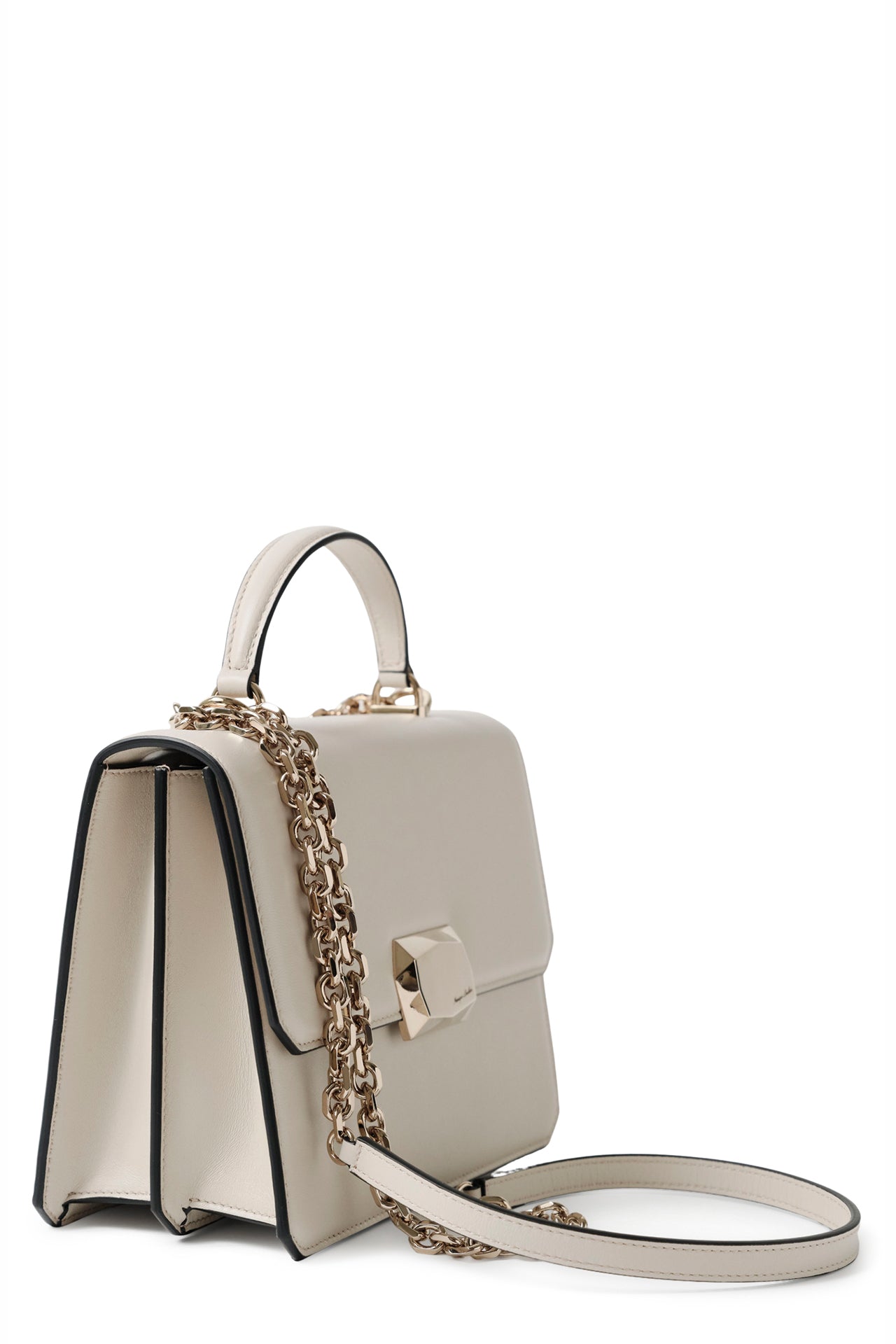 Nappa leather top handle shoulder bag with light gold-tone chain strap in Cream- side