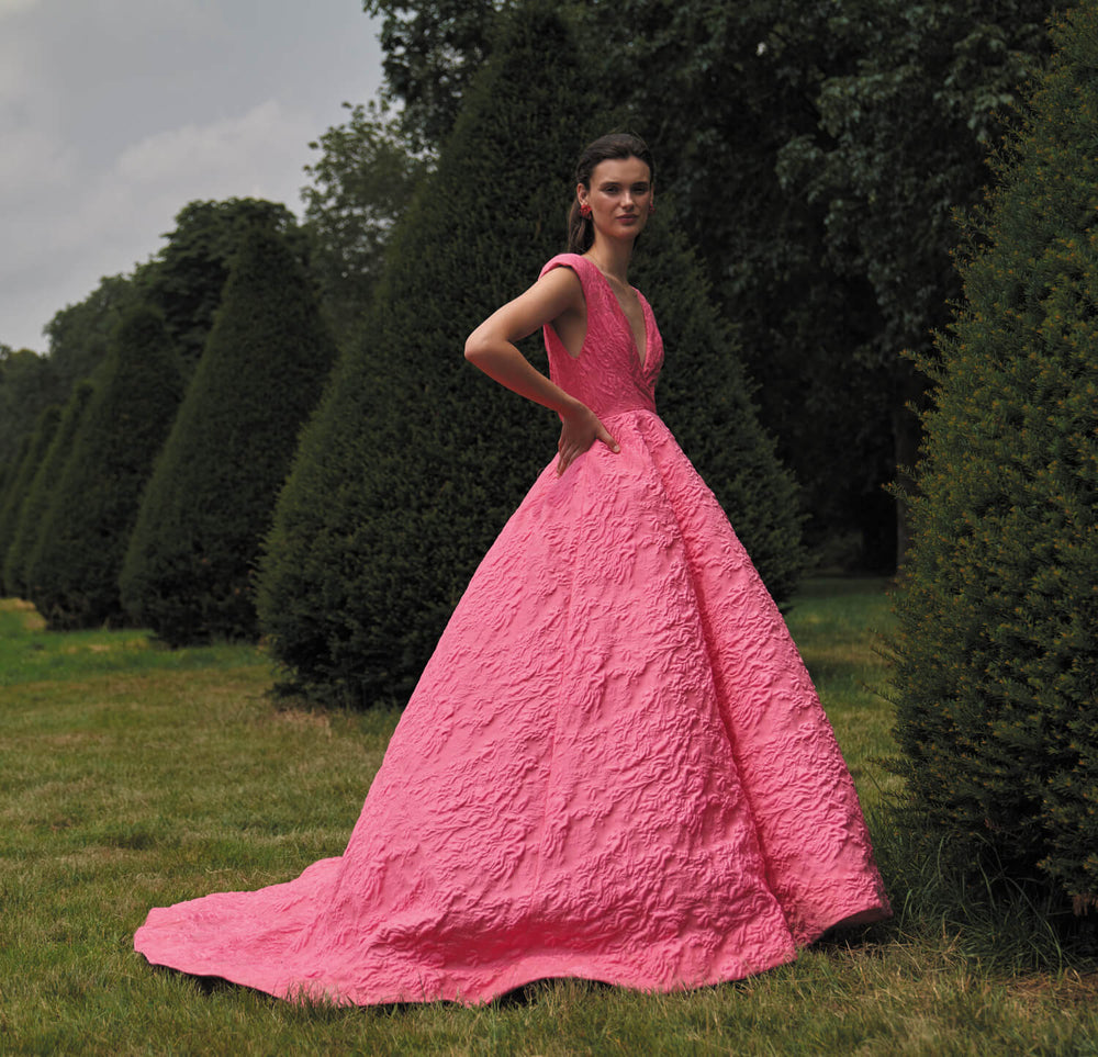 Monique Lhuillier Spring 2024 fuchsia jacquard ballgown.