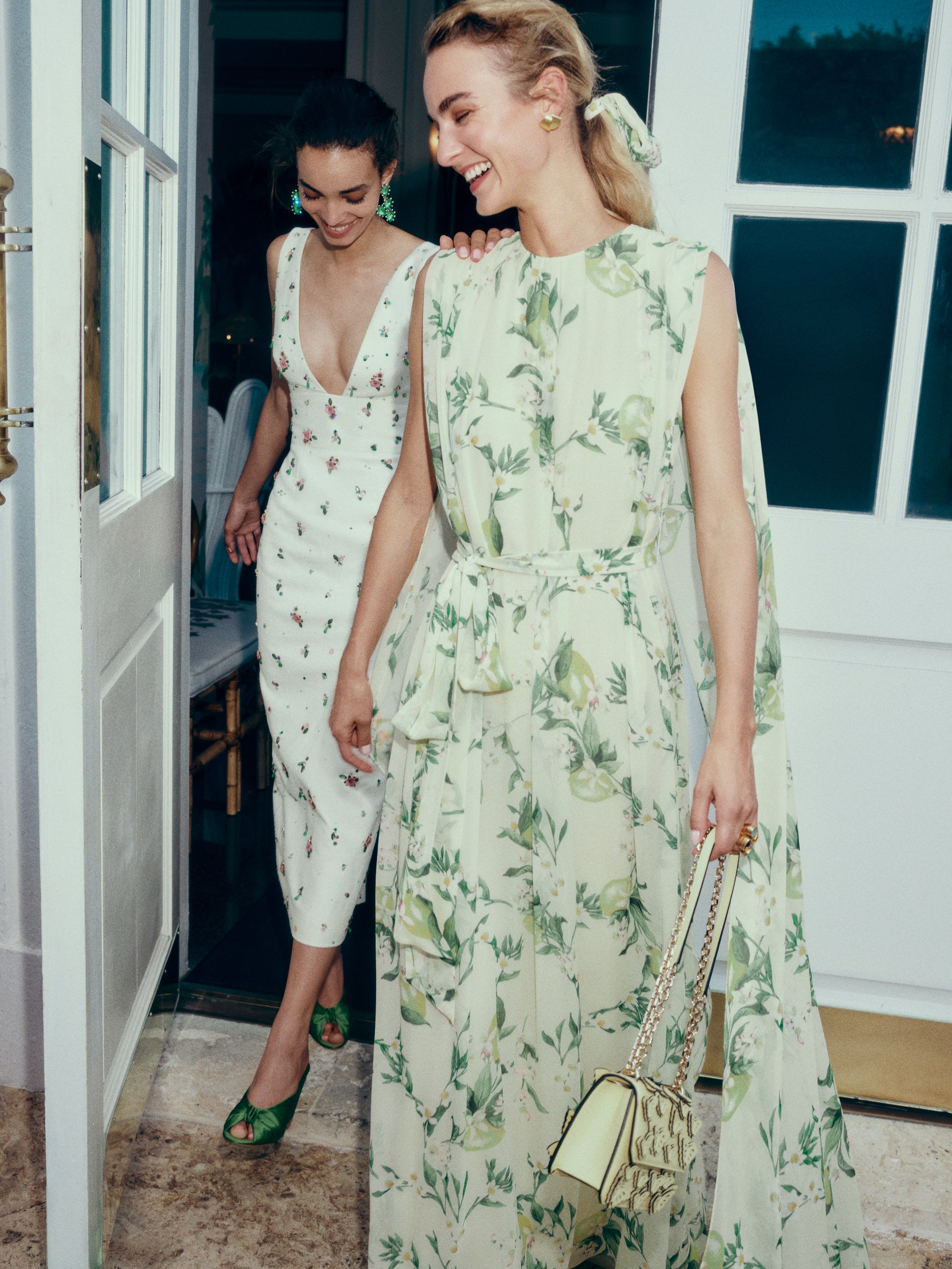 Monique Lhuillier Spring 2025 Floral embroidered silk white linen cocktail dress with deep V-neckline - lookbook photo.