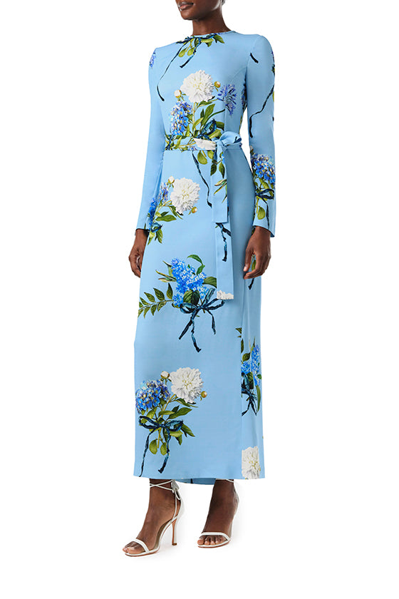 Monique Lhuillier Fall 2024 long sleeve, floral sheath dress with self-tie waist belt - left side.