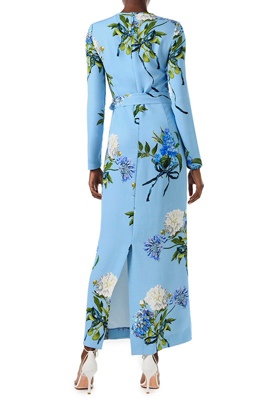 Monique Lhuillier Fall 2024 long sleeve, floral sheath dress with self-tie waist belt - back.