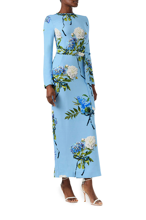 Monique Lhuillier Fall 2024 long sleeve, floral sheath dress with self-tie waist belt - right side.