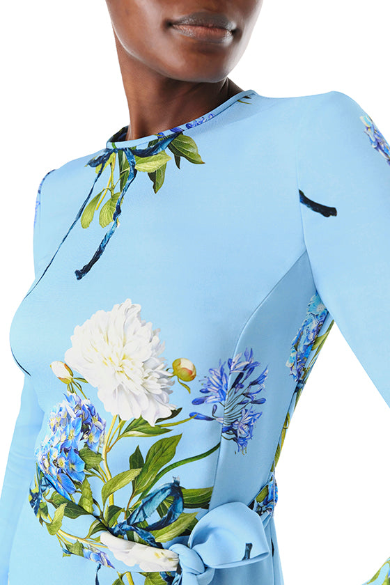 Monique Lhuillier Fall 2024 long sleeve, floral sheath dress with self-tie waist belt - fabric.