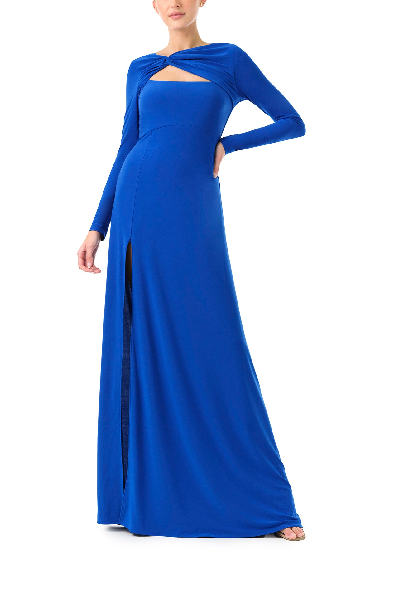Monique Lhuillier Fall 2024 long sleeve, cobalt jersey gown with knotted keyhole neckline, low v-back and high skirt slit - front two.