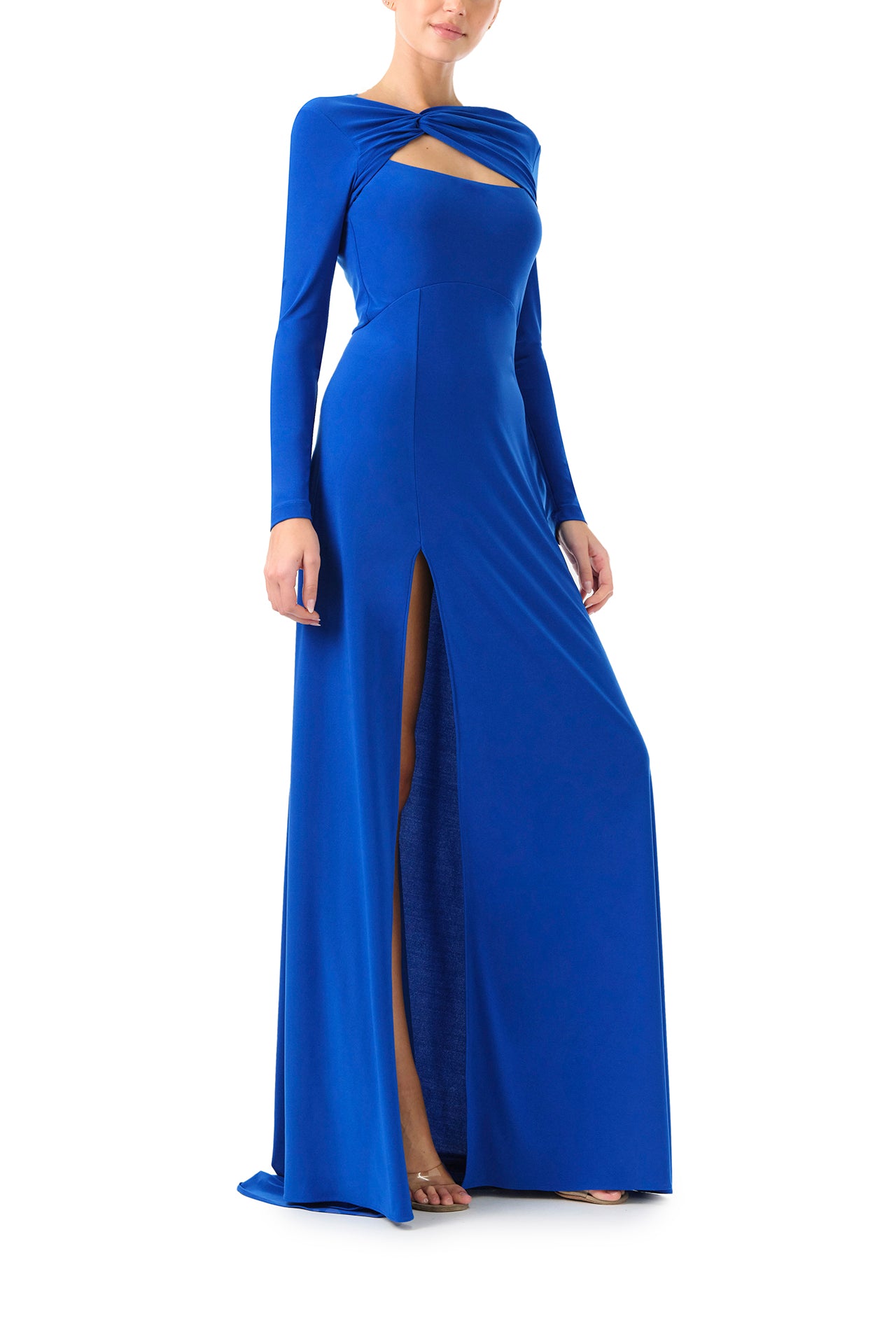 Monique Lhuillier Fall 2024 long sleeve, cobalt jersey gown with knotted keyhole neckline, low v-back and high skirt slit - right side.