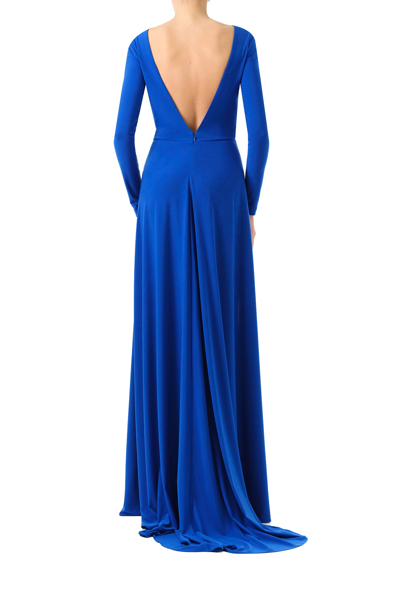Monique Lhuillier Fall 2024 long sleeve, cobalt jersey gown with knotted keyhole neckline, low v-back and high skirt slit - back.