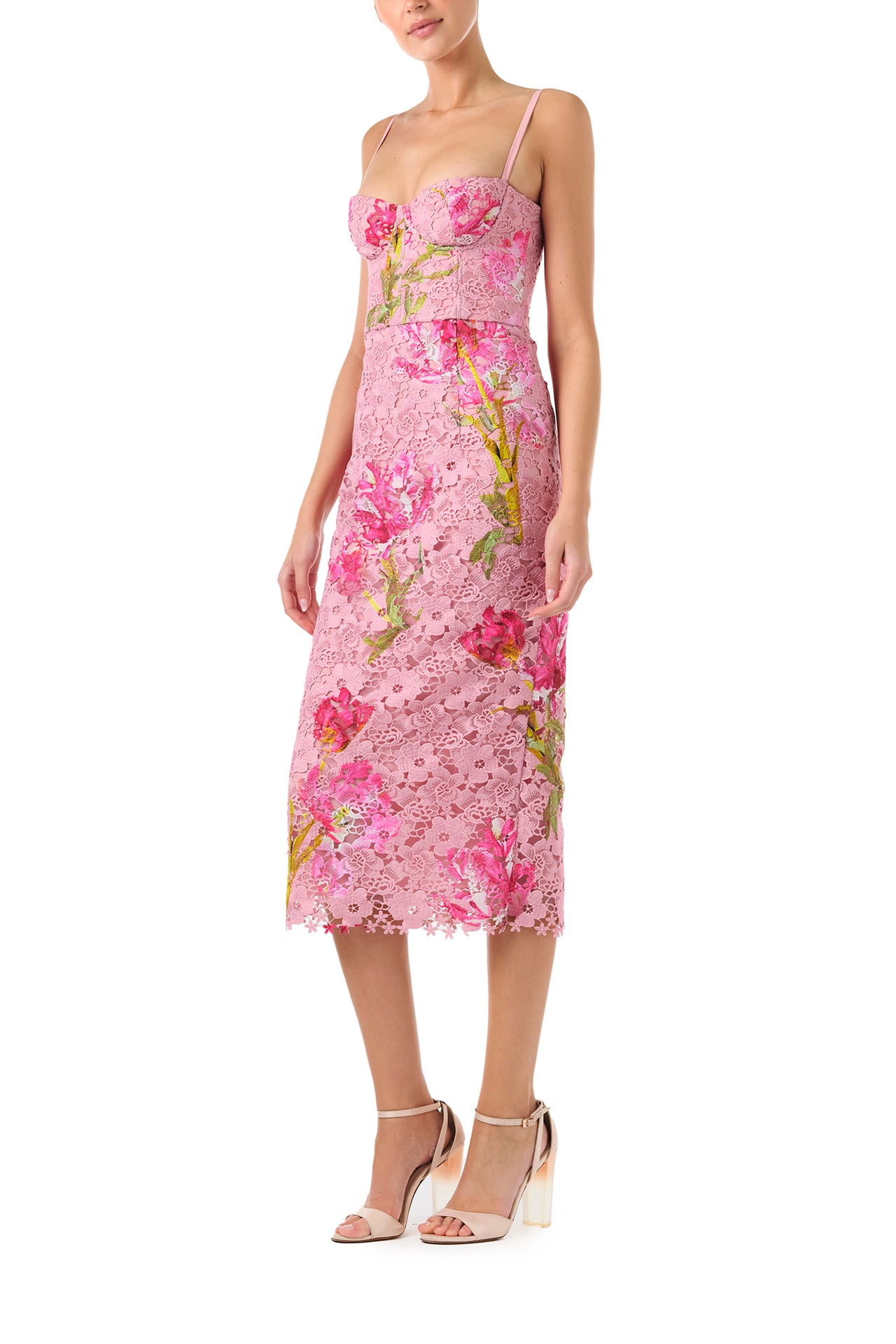 Monique Lhuillier Fall 2024 pink tulip printed lace midi dress with corseted bodice and spaghetti straps - side.