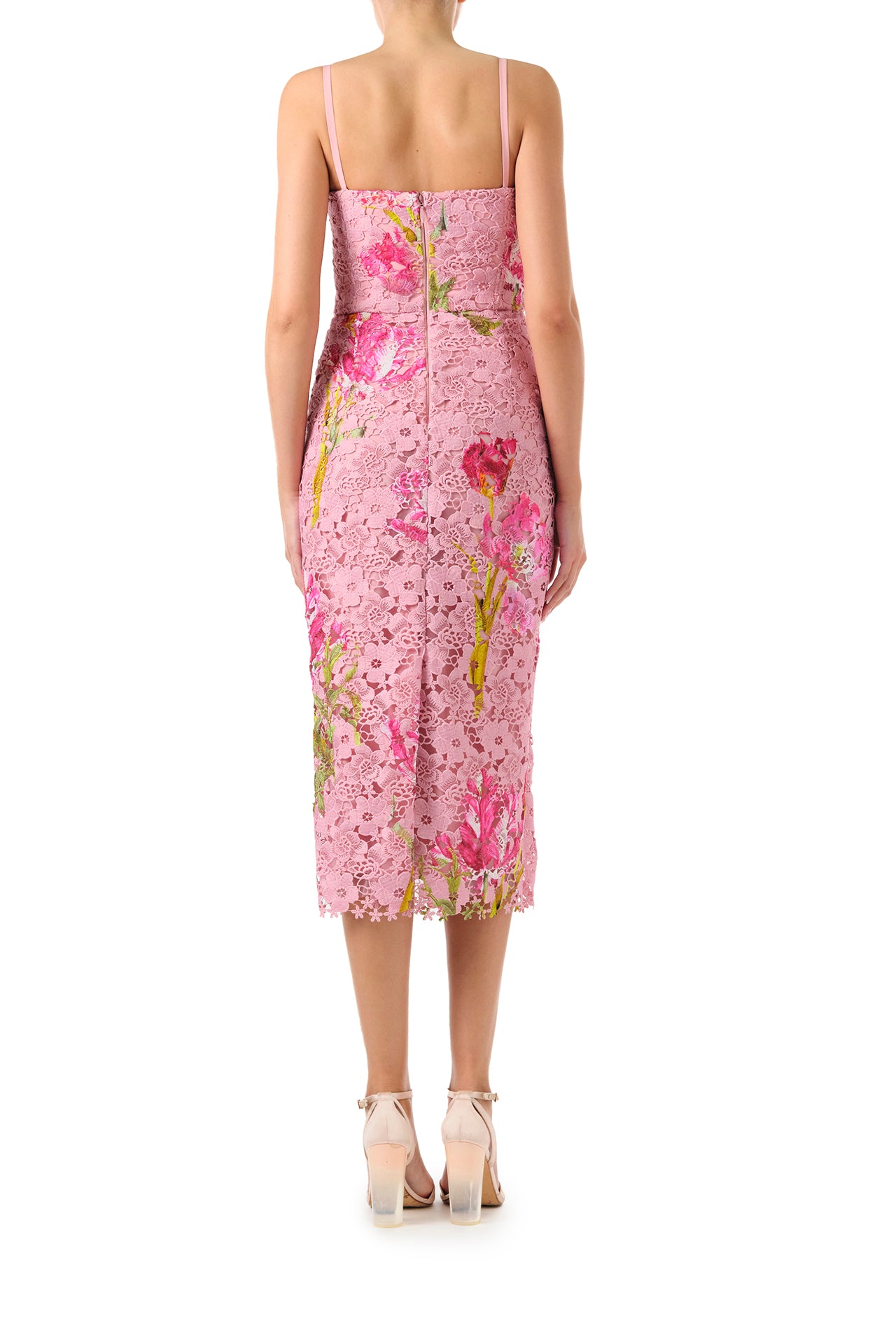 Monique Lhuillier Fall 2024 pink tulip printed lace midi dress with corseted bodice and spaghetti straps - back.
