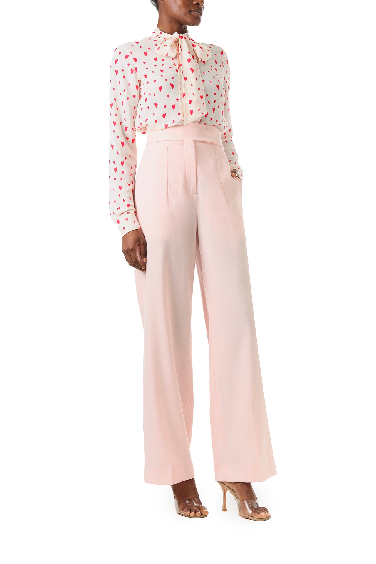 Monique Lhuillier Fall 2024 long sleeve, bow tie blouse in Heart Printed Georgette - side.