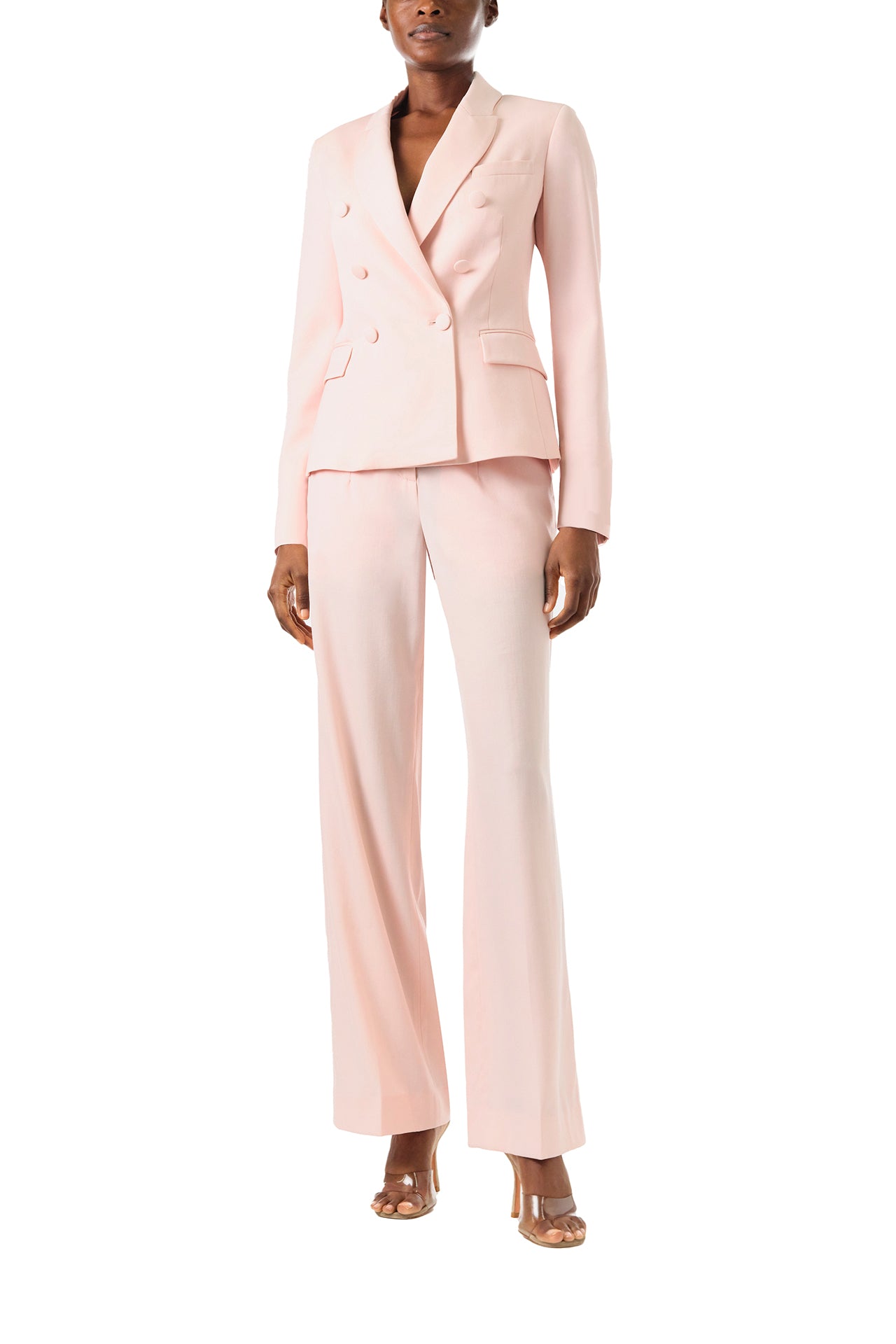 Monique Lhuillier Fall 2024 pale blush wool, double breasted wool blazer with full length sleeve - front.