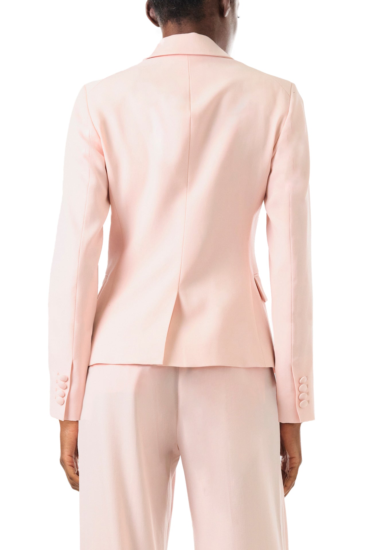 Monique Lhuillier Fall 2024 pale blush wool, double breasted wool blazer with full length sleeve - back.