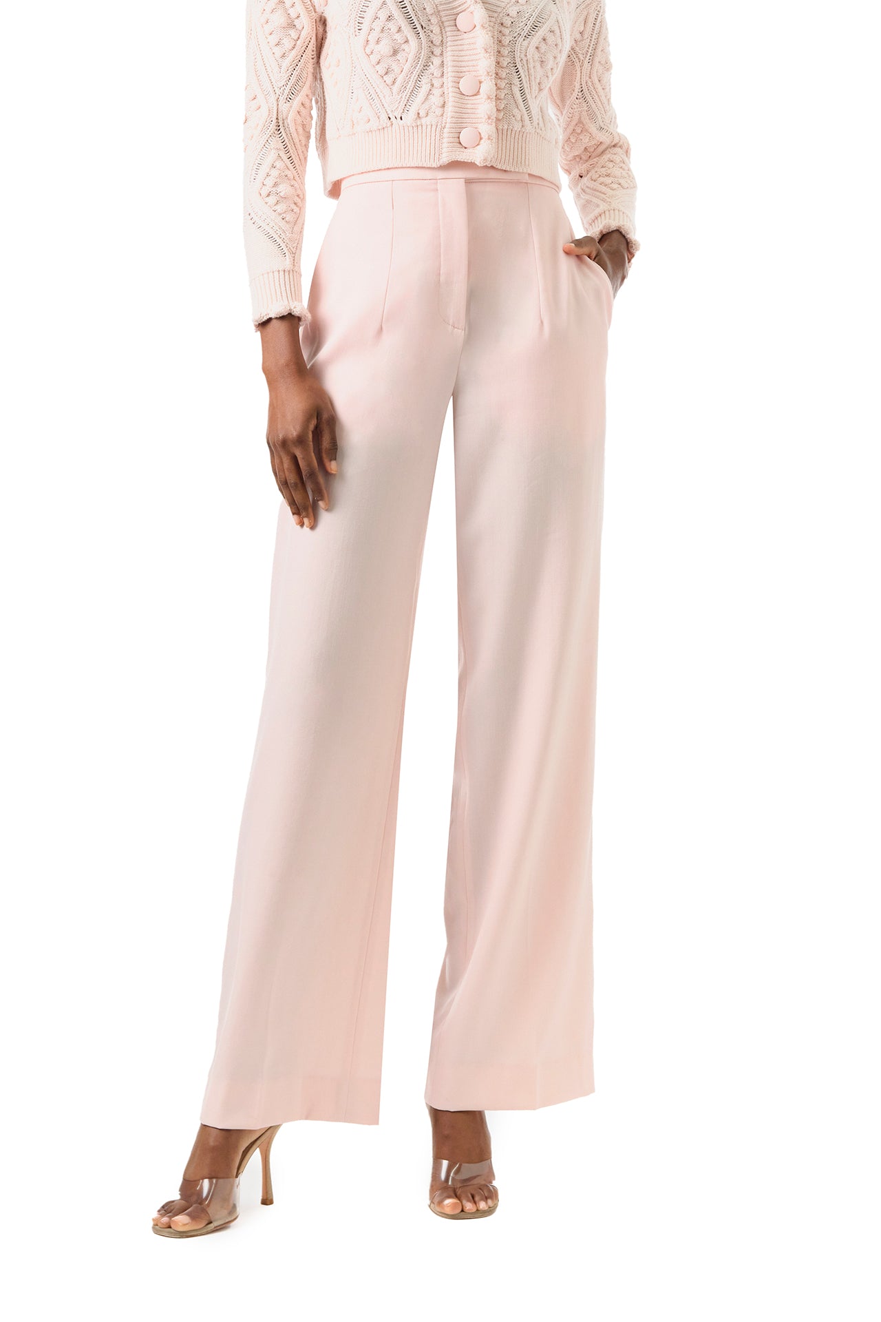 Monique Lhuillier Fall 2024 pale blush wool, straight leg trouser with pockets - front crop.