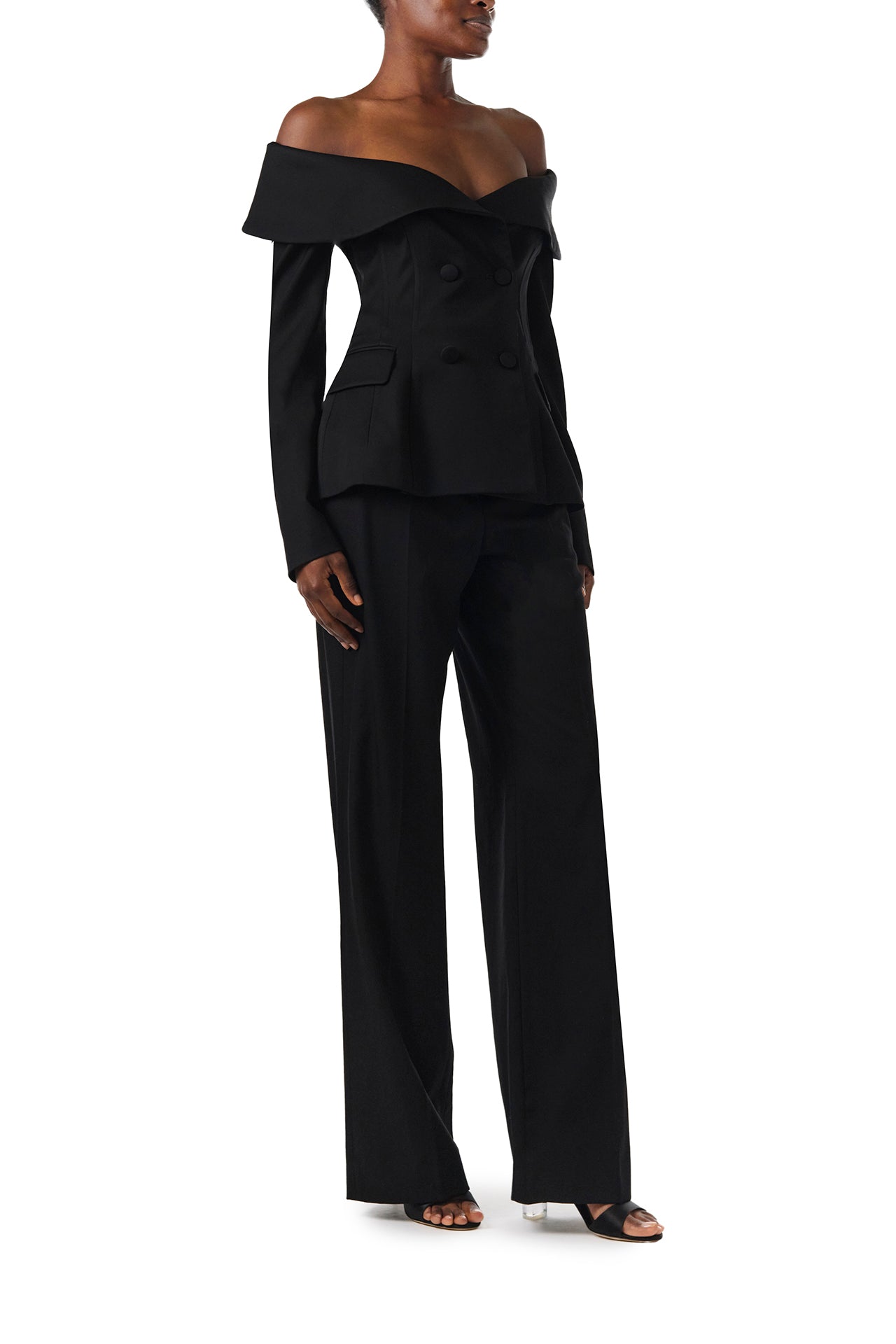 Monique Lhuillier Fall 2024 long sleeve corseted jacket with off-the-shoulder neckline in black wool - side.