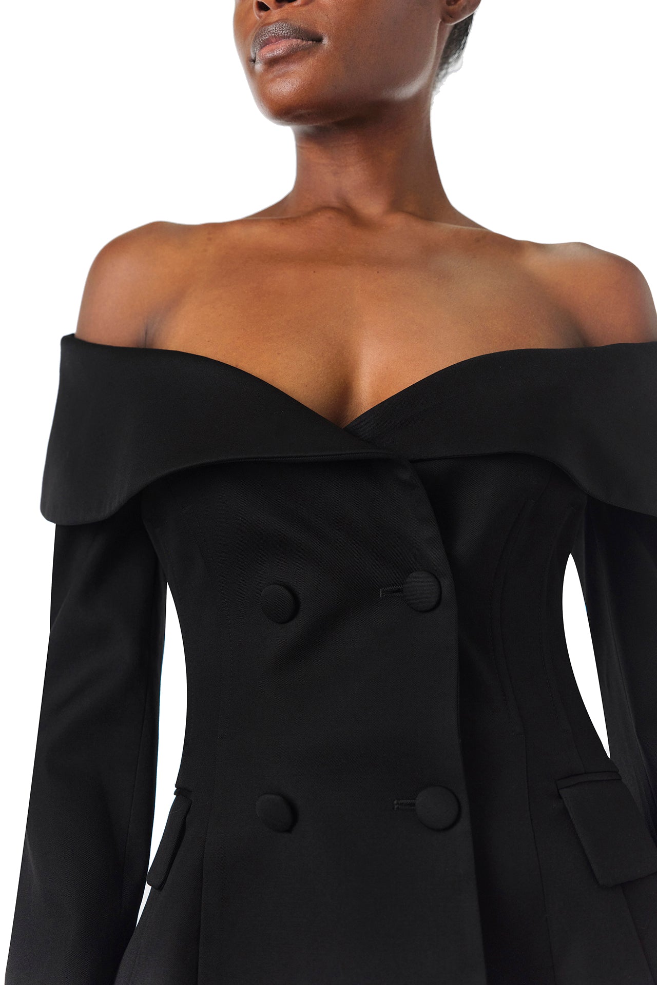Monique Lhuillier Fall 2024 long sleeve corseted jacket with off-the-shoulder neckline in black wool - neckline.