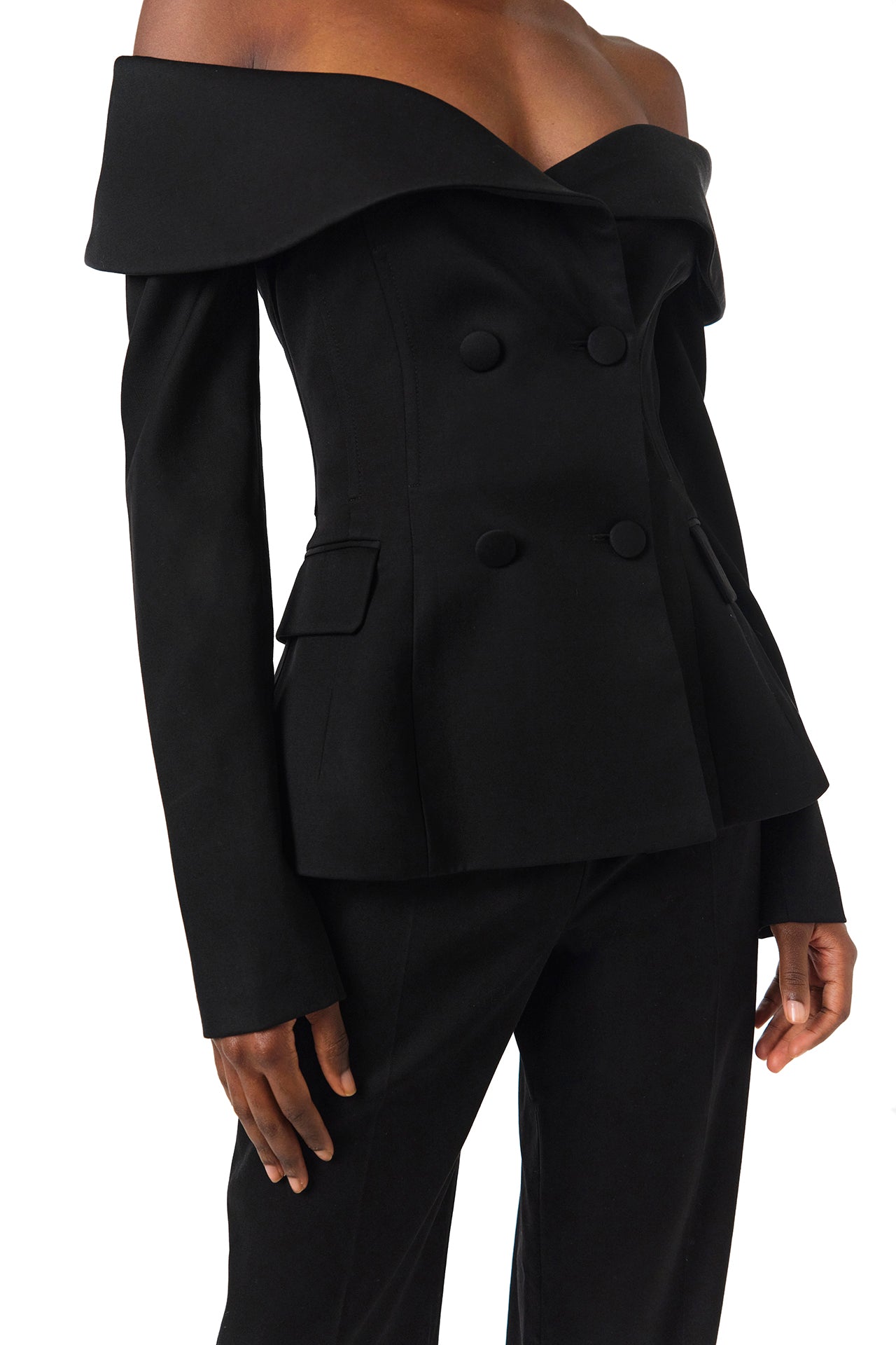 Monique Lhuillier Fall 2024 long sleeve corseted jacket with off-the-shoulder neckline in black wool - front crop.