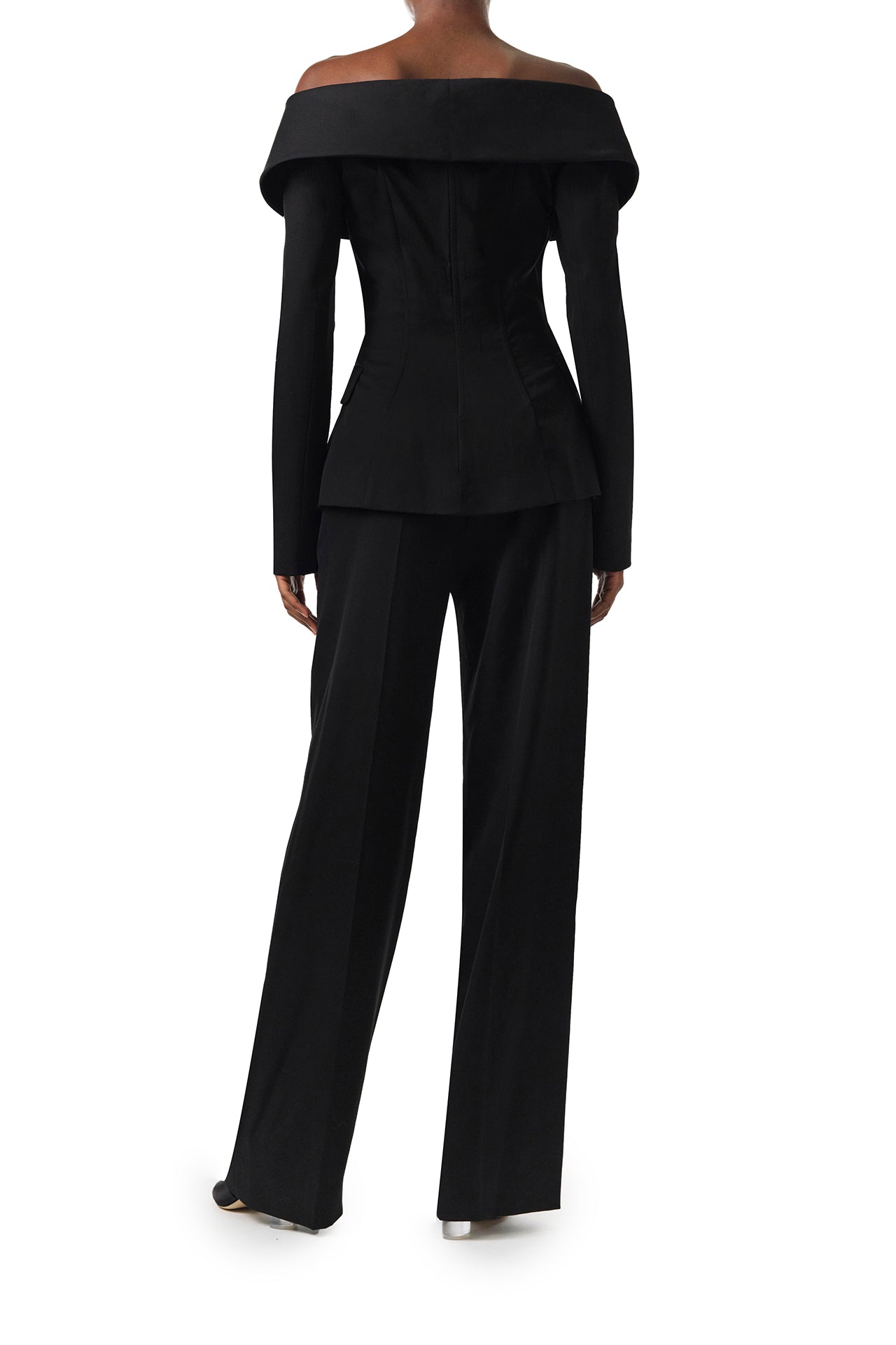Monique Lhuillier Fall 2024 long sleeve corseted jacket with off-the-shoulder neckline in black wool - back.