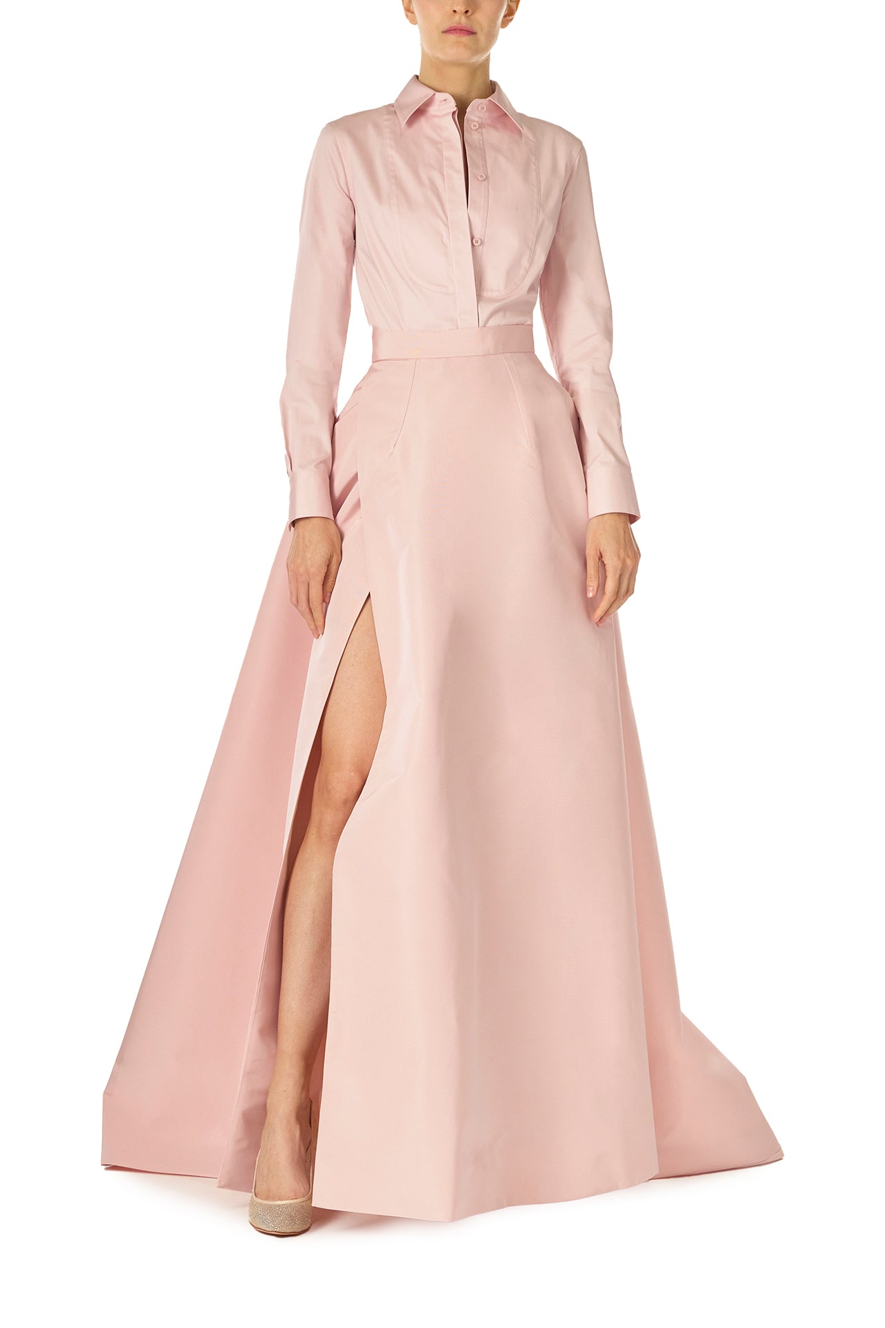 Monique Lhuillier Fall 2024 Full ball skirt with high leg slit and pockets in Pale Blush faille fabric - front.