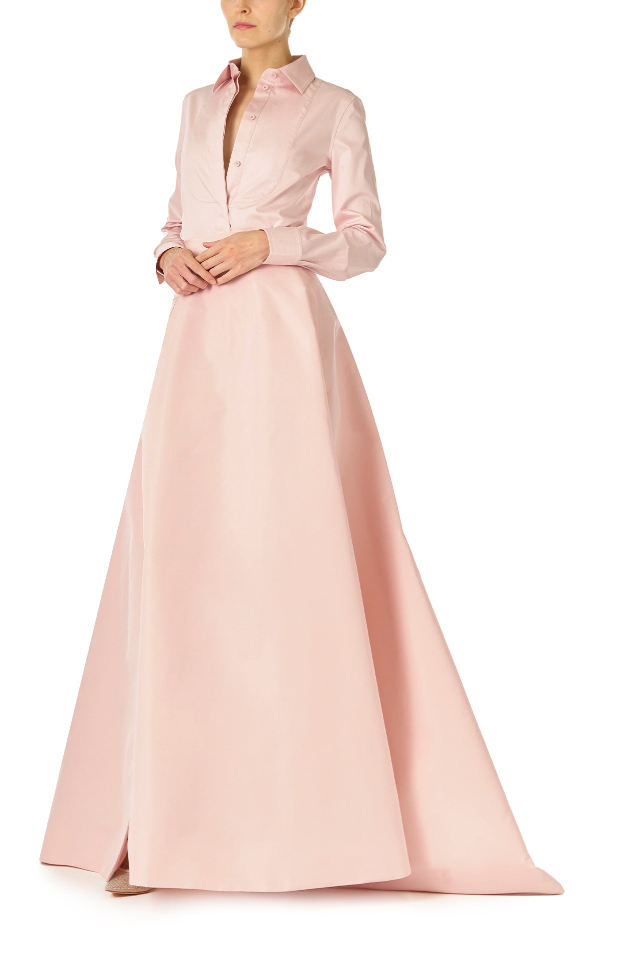 Monique Lhuillier Fall 2024 Full ball skirt with high leg slit and pockets in Pale Blush faille fabric - side.