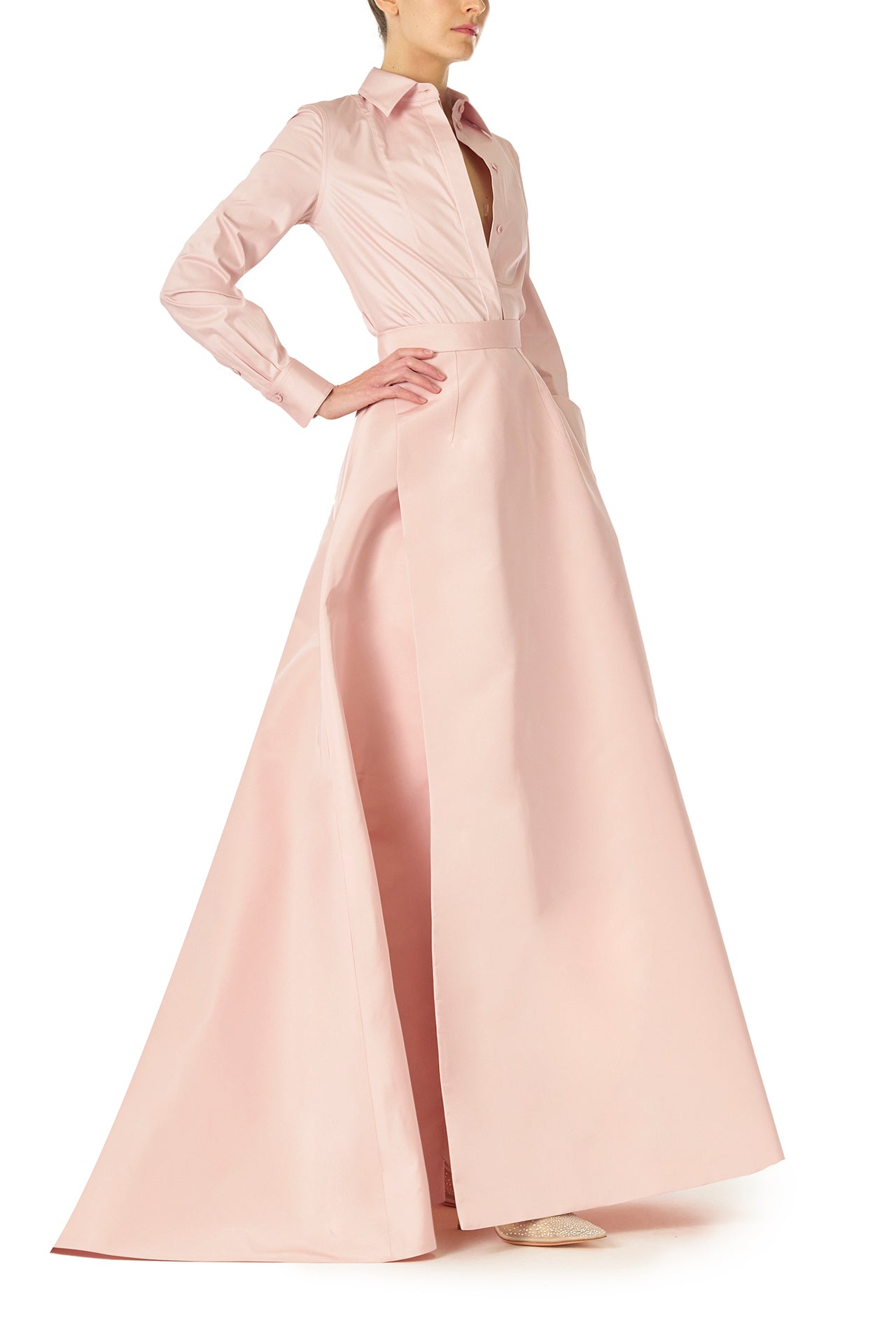 Monique Lhuillier Fall 2024 Full ball skirt with high leg slit and pockets in Pale Blush faille fabric - side.