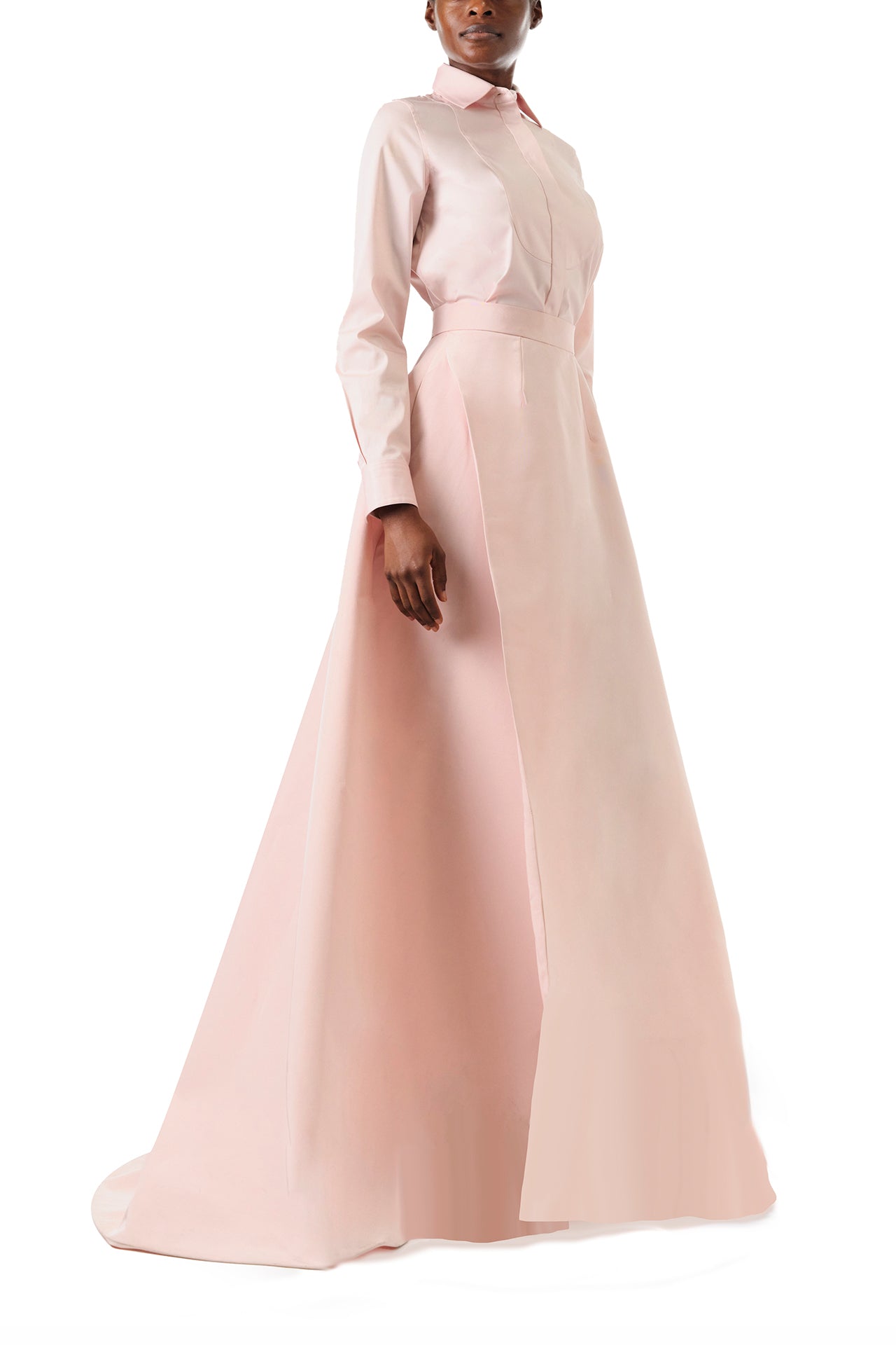 Monique Lhuillier Fall 2024 Full ball skirt with high leg slit and pockets in Pale Blush faille fabric - side.