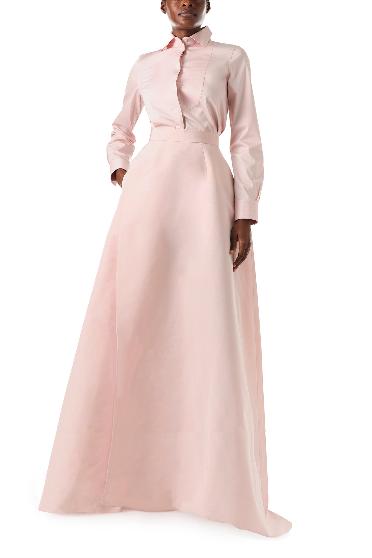 Monique Lhuillier Fall 2024 Full ball skirt with high leg slit and pockets in Pale Blush faille fabric - front.