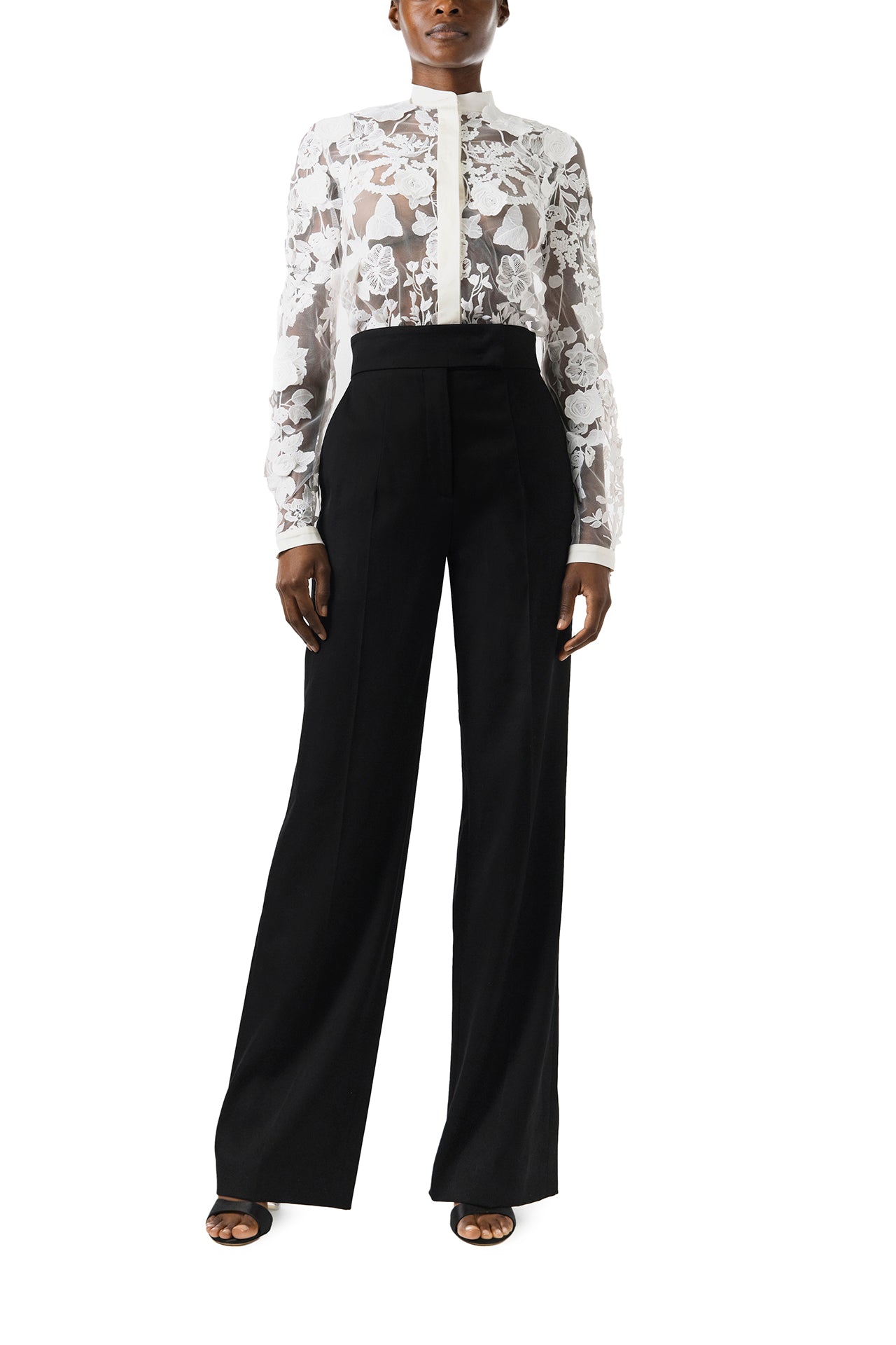 Monique Lhuillier Fall 2024 button front sheer lace blouse in Silk White 3D lace - front.