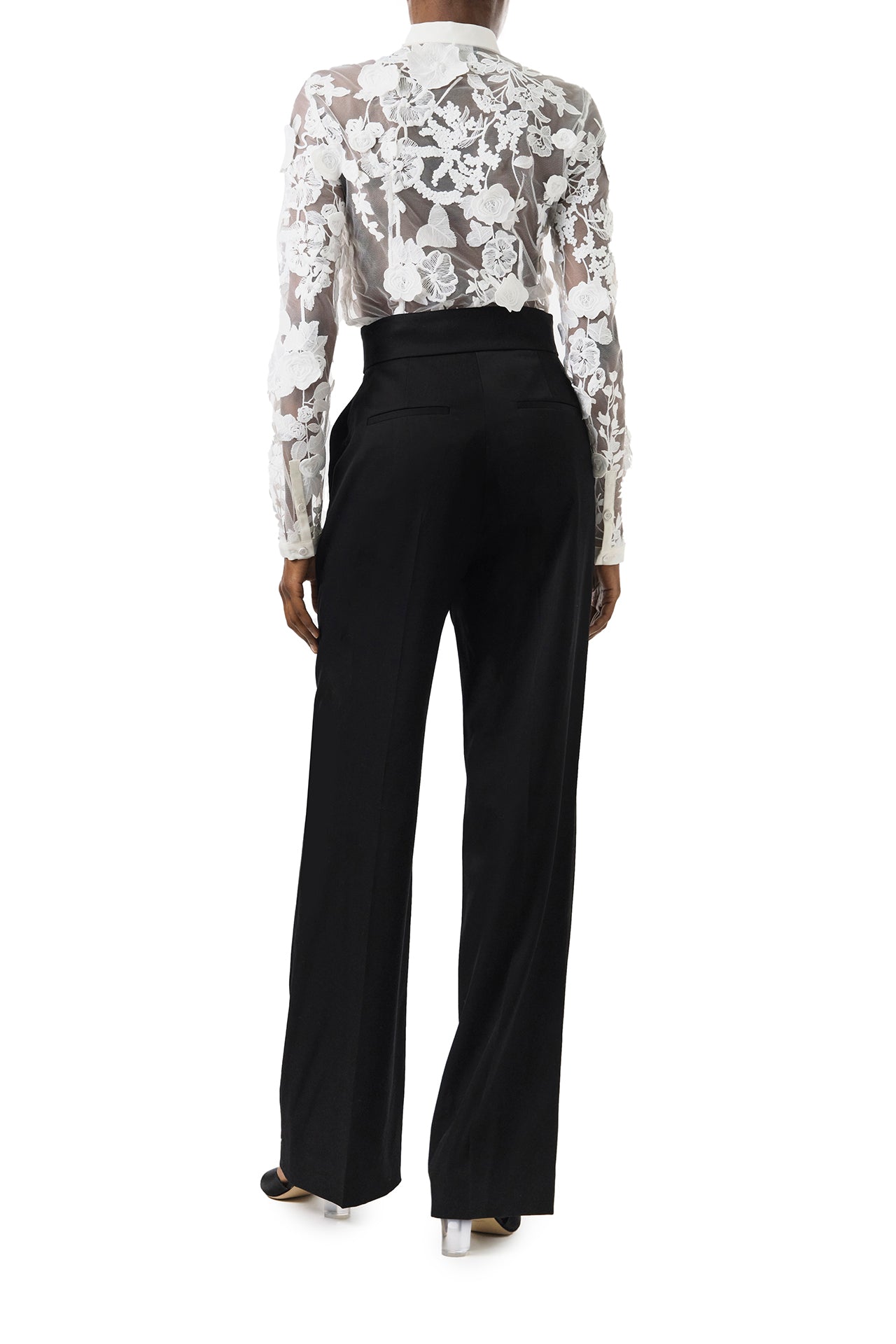 Monique Lhuillier Fall 2024 button front sheer lace blouse in Silk White 3D lace - back.