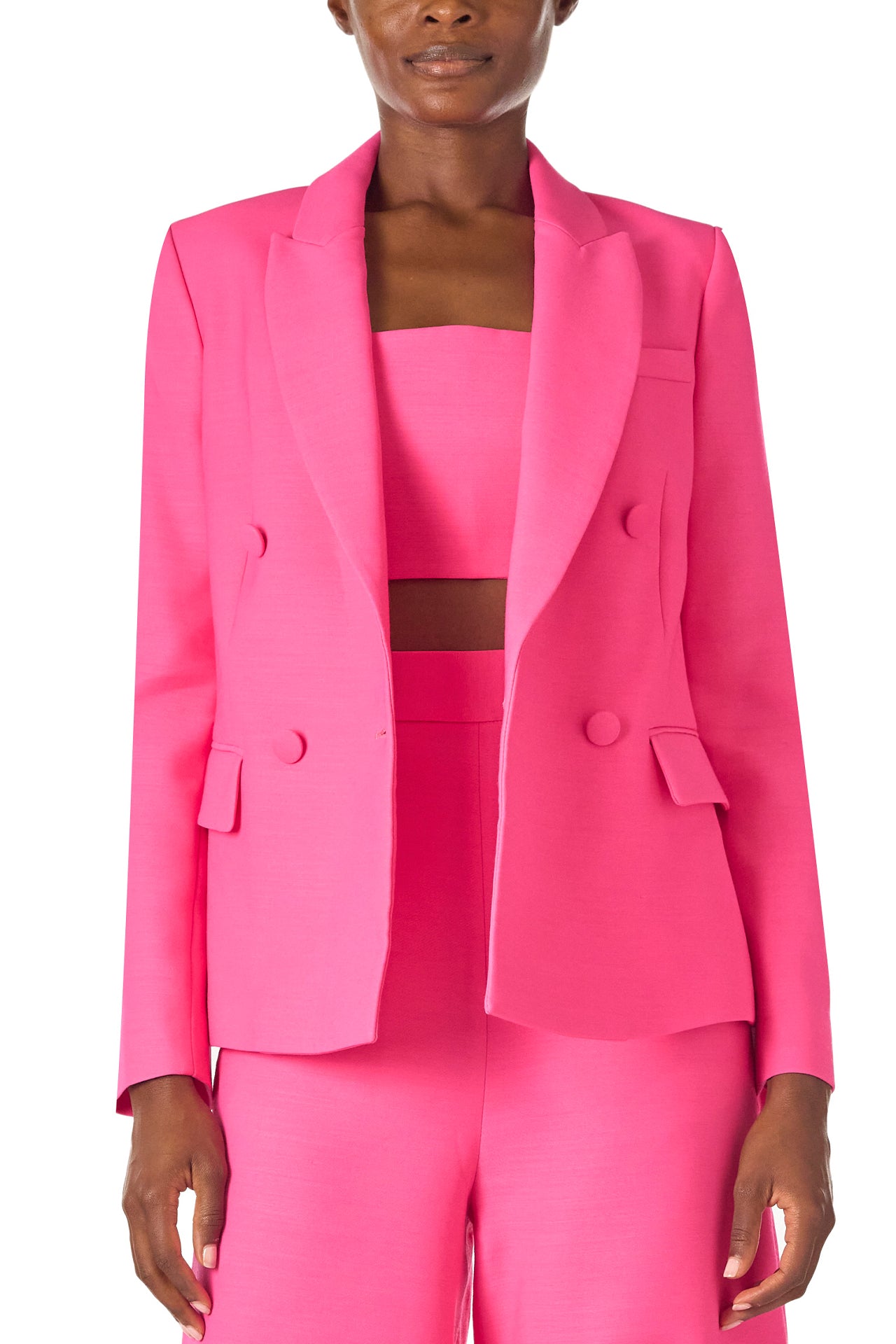 Monique Lhuillier Spring 2025 double-breasted tuxedo jacket in hibiscus wool-silk suiting - front.