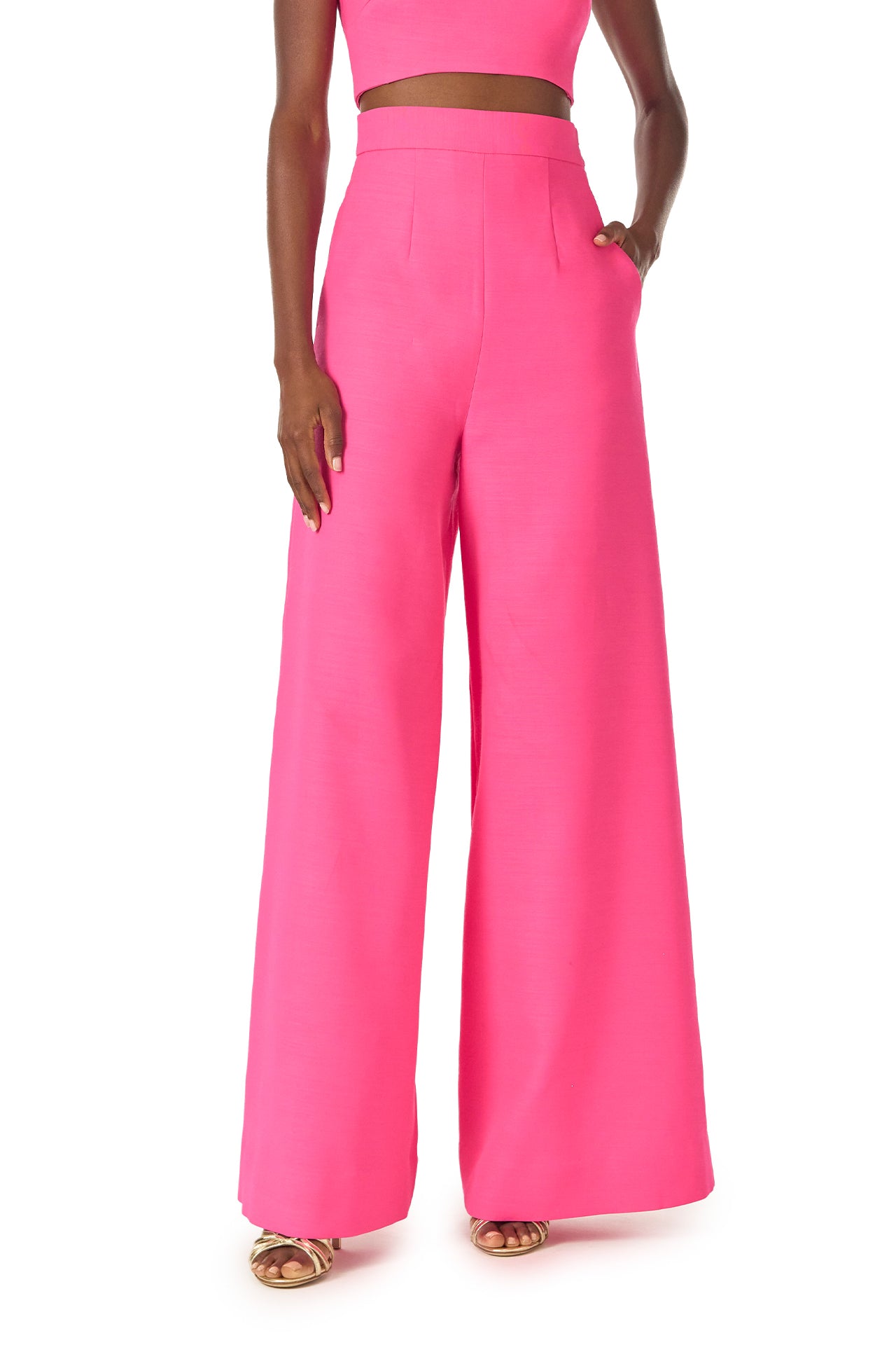 Monique Lhuillier Spring 2025 palazzo trouser in hibiscus wool-silk suiting - front.