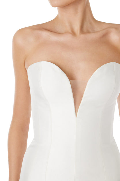 Monique Lhuillier strapless silk white mikado short dress with bubble hem and deep v sweetheart neckline.