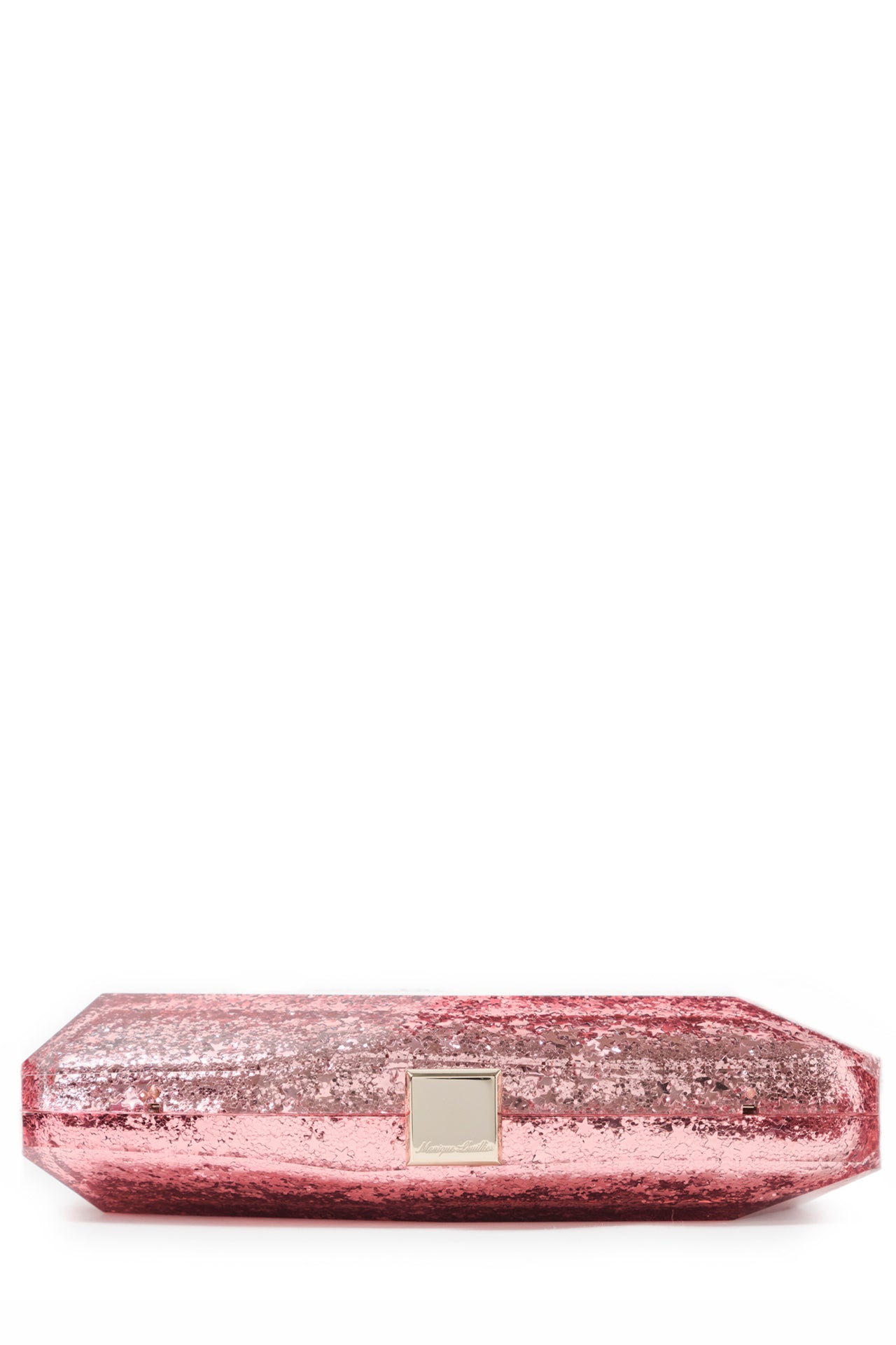 Monique Lhuillier lucite faceted minaudière handbag in Pink Star Glitter with detachable chain- flat