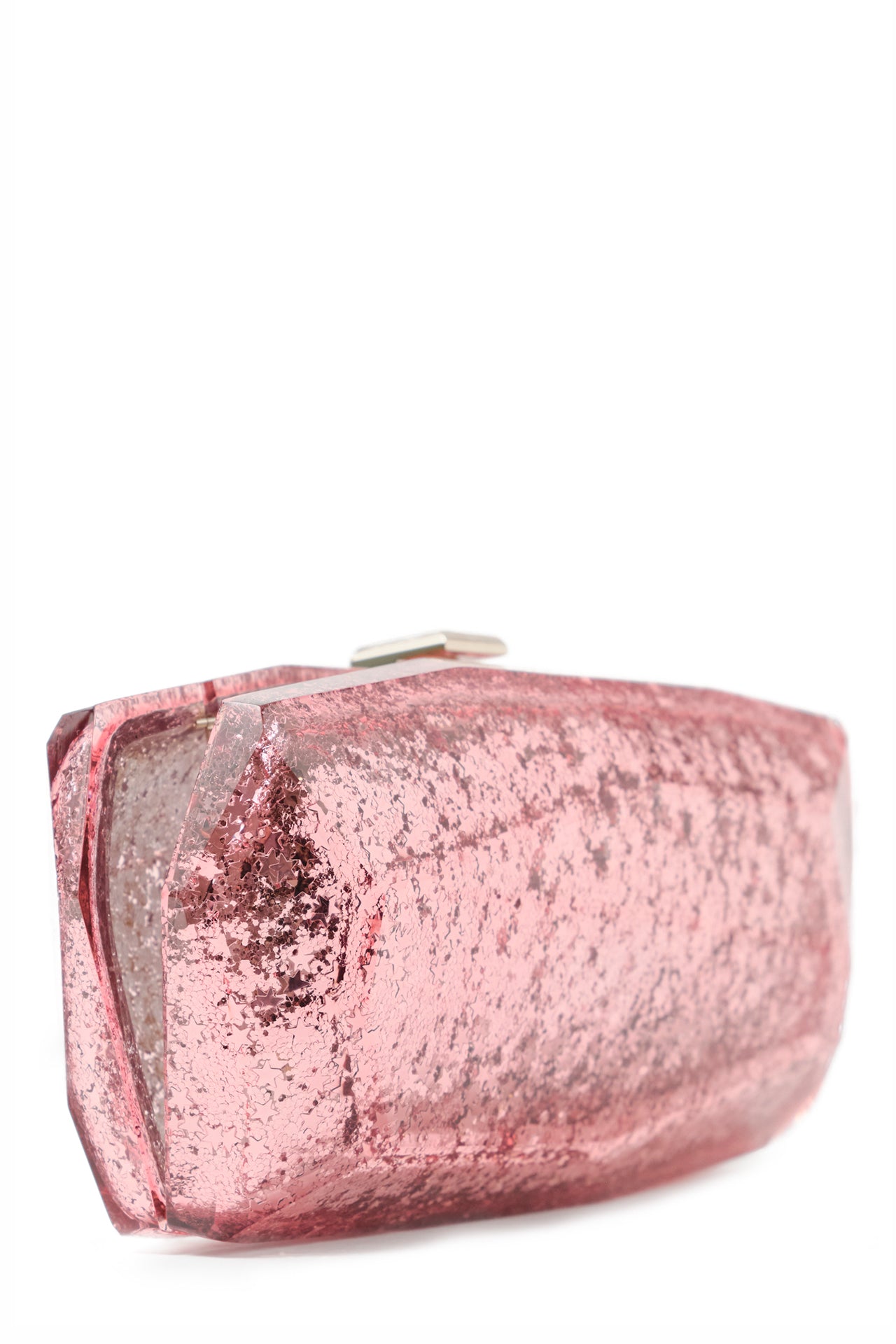 Monique Lhuillier lucite faceted minaudière handbag in Pink Star Glitter with detachable chain- open