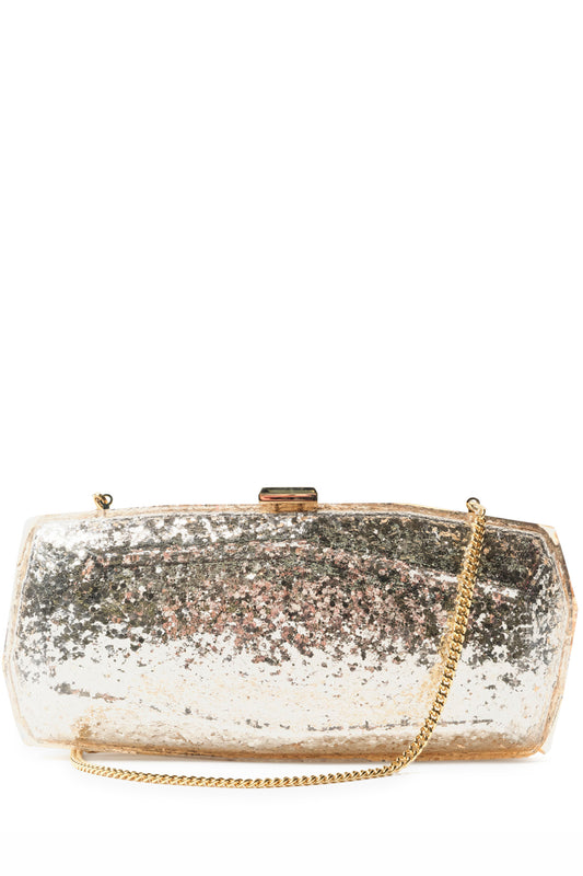 Monique Lhuillier lucite faceted minaudière handbag in Champagne Glitter with detachable chain - front.