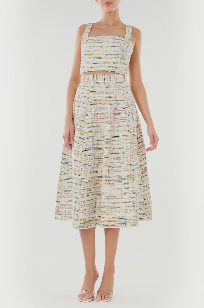 Monique Lhuillier Spring 2024 silk white multi tweed midi skirt and crop top - video.