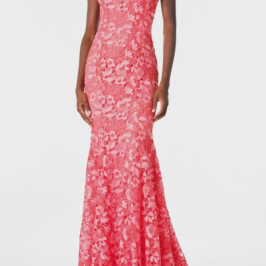 Monique Lhuillier Spring 2025 coral floral lace gown with halter neck, trumpet skirt and lace scalloped edging - video.