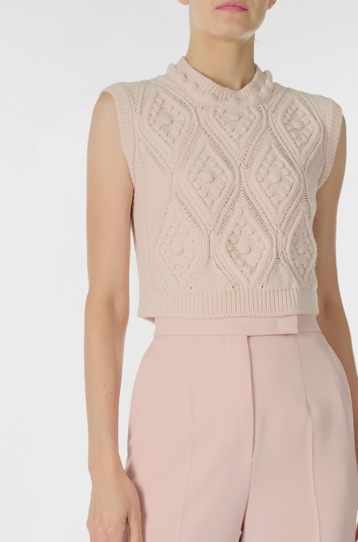 Monique Lhuillier Sleeveless, bobble crop tank in Pale Blush wool cable knit - video.