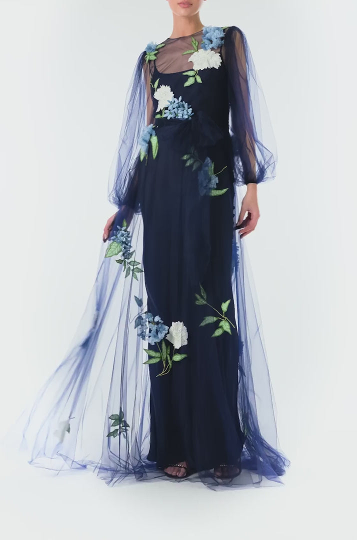 Monique Lhuillier Fall 2024 tulle gown with semi-sheer puff sleeves in Night Sky tulle and floral embroidery - video.