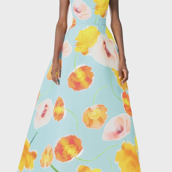 Monique Lhuillier Spring 2025 Strapless ball gown with sweetheart neckline in Poppy floral & blue printed faille fabric - video.