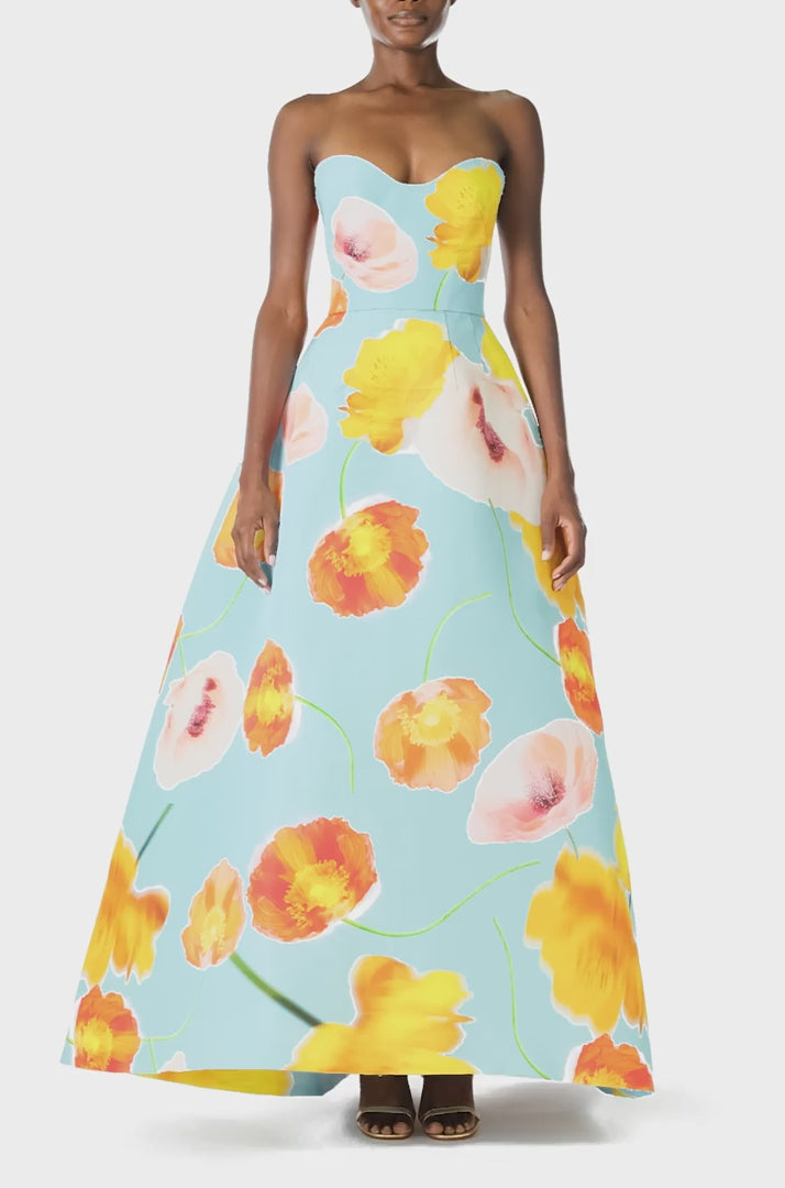 Monique Lhuillier Spring 2025 Strapless ball gown with sweetheart neckline in Poppy floral & blue printed faille fabric - video.