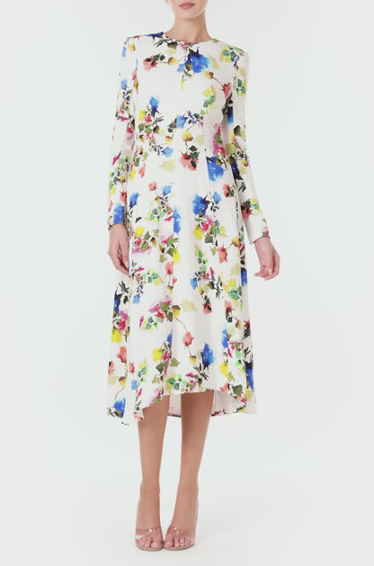 Monique Lhuillier Spring 2024 long sleeve midi dress with jewel neckline in silk white multi floral print - video.