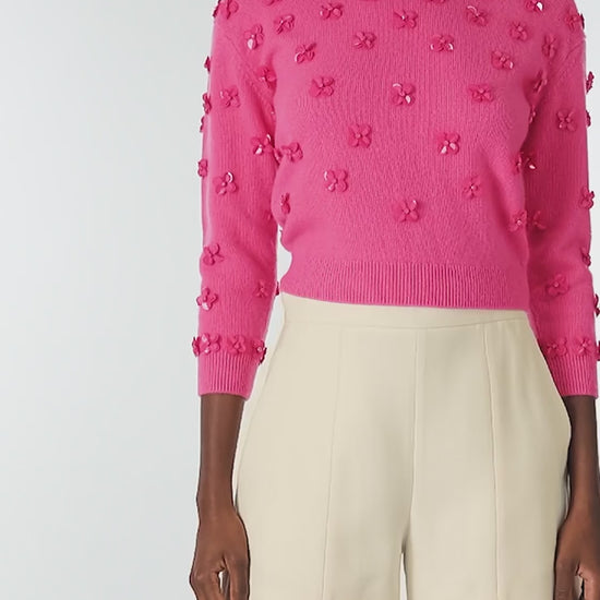 Monique Lhuillier Spring 2025 3/4 sleeve embroidered cashmere crewneck sweater in Hibiscus color - video.