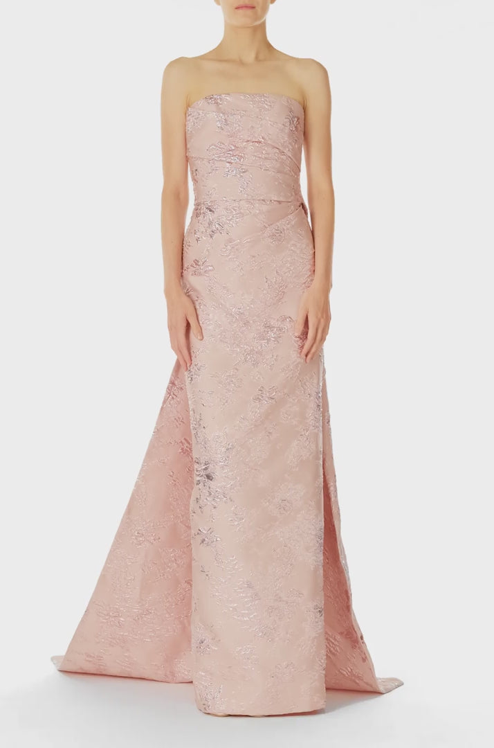 Monique Lhuillier Spring 2025 draped front column gown with train in Rosé metallic jacquard - video.