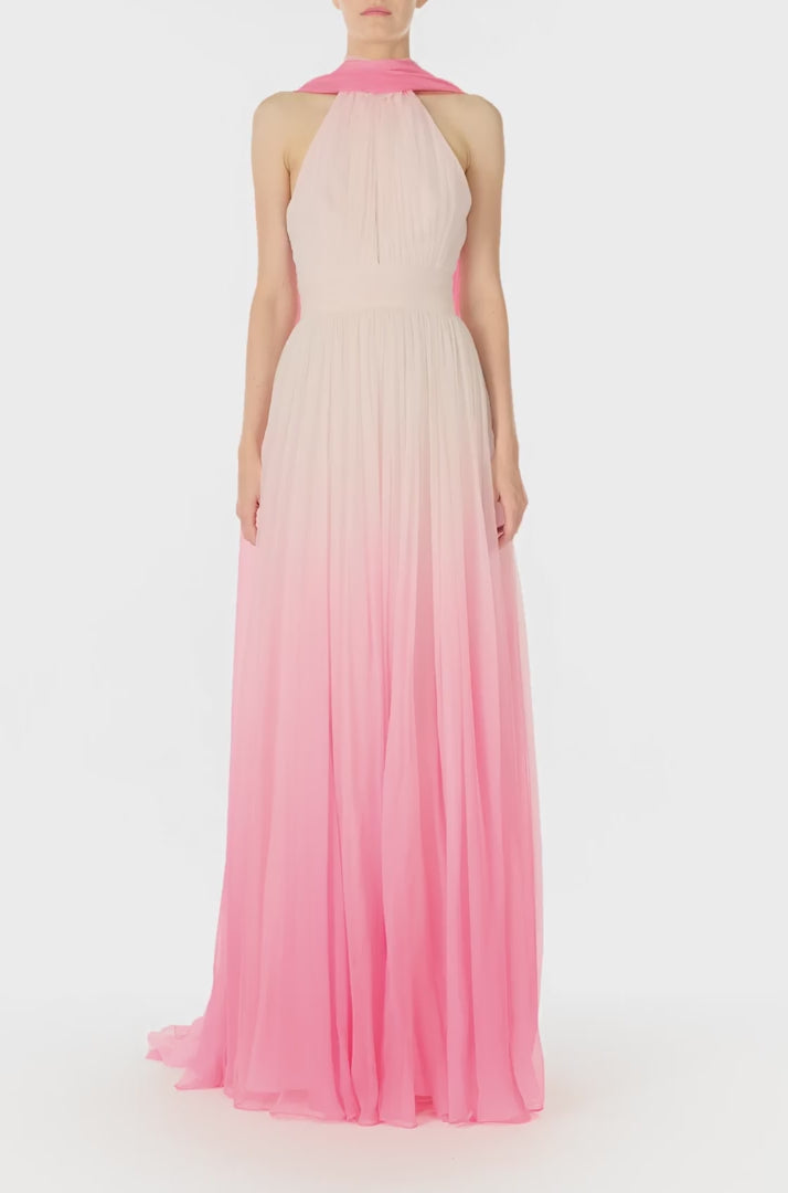 Monique Lhuillier Spring 2025 Hibiscu colored ombre chiffon gown with keyhole halter neckline and attached neck scarf - video.